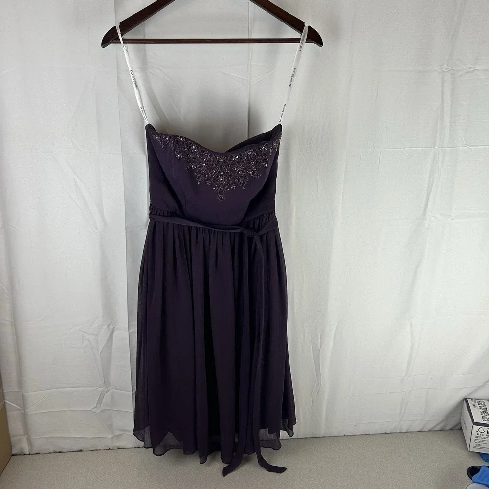 Davids Bridal Dress Womens 2 Purple Lapis Strapless A Line Knee‎ Length